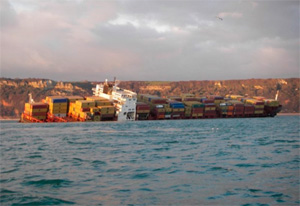 The MSC Napoli seen intentionally beached in Lyme Bay